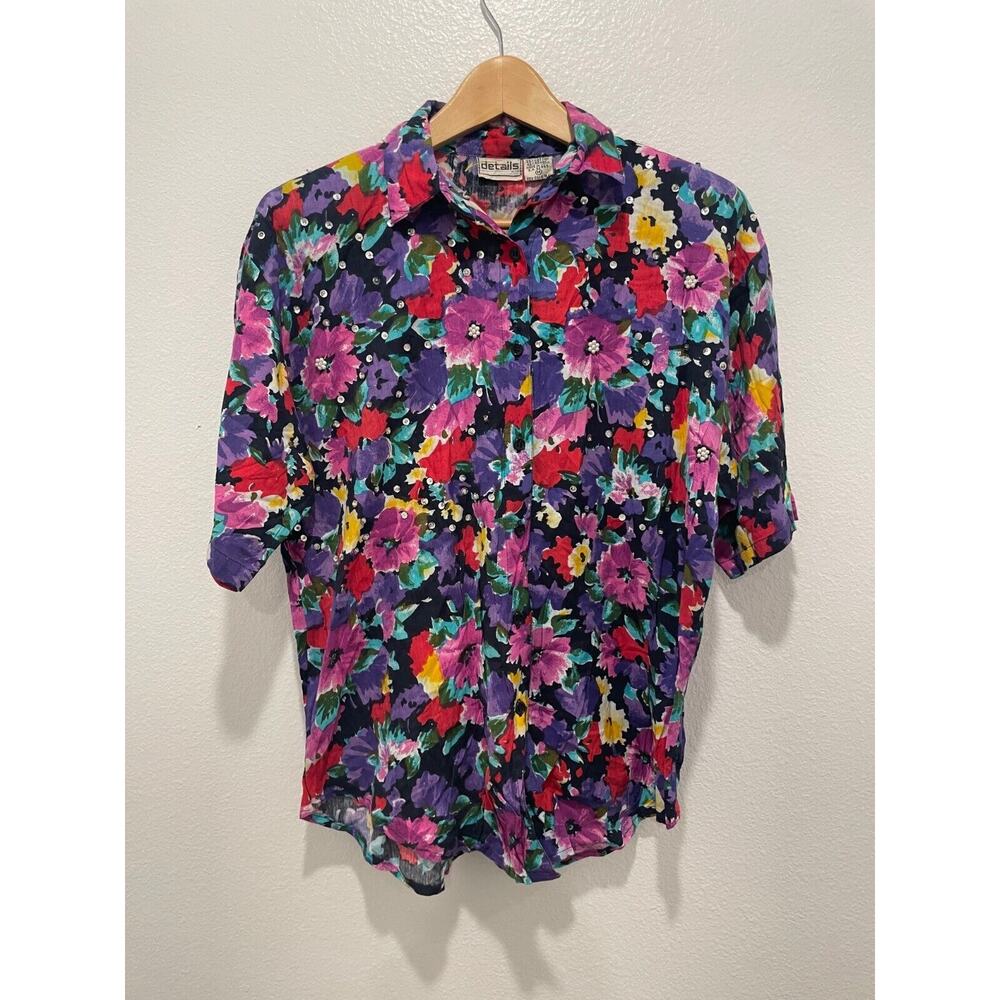 Vintage Womens Shirt Medium Floral Button Up Sequin Beaded Artsy Wacky Boho 80s